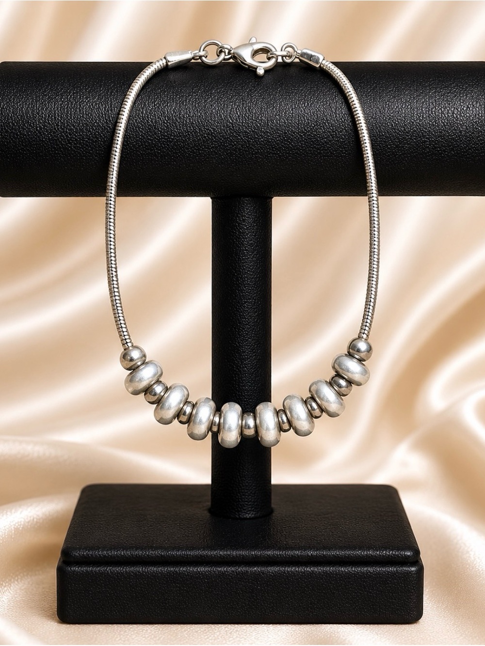 Bracelet Solid 925 Sterling Silver Beaded Snake Chain Lobster Clasp